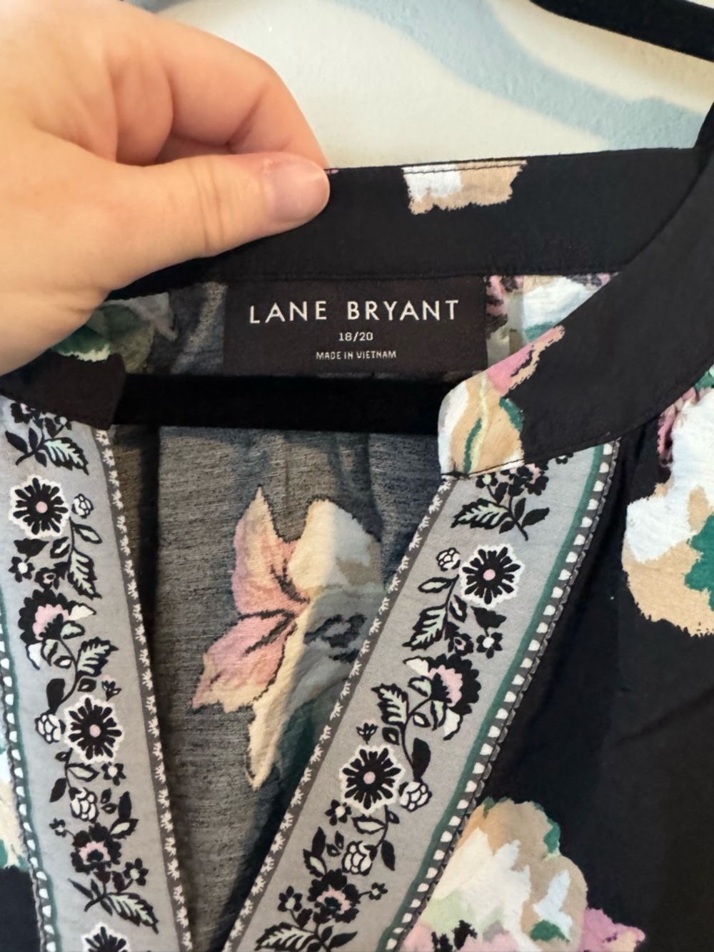 Lane Bryant Black Floral Long-Sleeve Top with Embroidered Placket - Picture 3 of 5